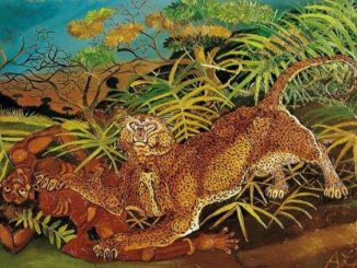 Antonio Ligabue, Leopardo con indigeno, olio su faesite, cm 87x130