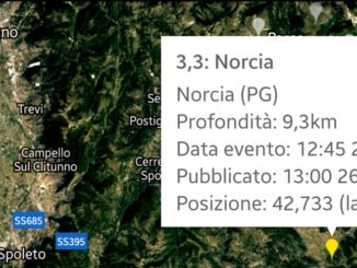 Scossa di terremoto a Norcia di magnitudo 3,3 ben avvertita dalle persone