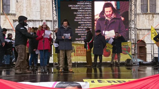 Giacomo Leonelli, presidente della Commissione regionale d'inchiesta per l'analisi e lo studio della criminalità organizzata, durante la 'Giornata della memoria e dell'impegno per le vittime innocenti della mafia', organizzata da Libera a Gubbio