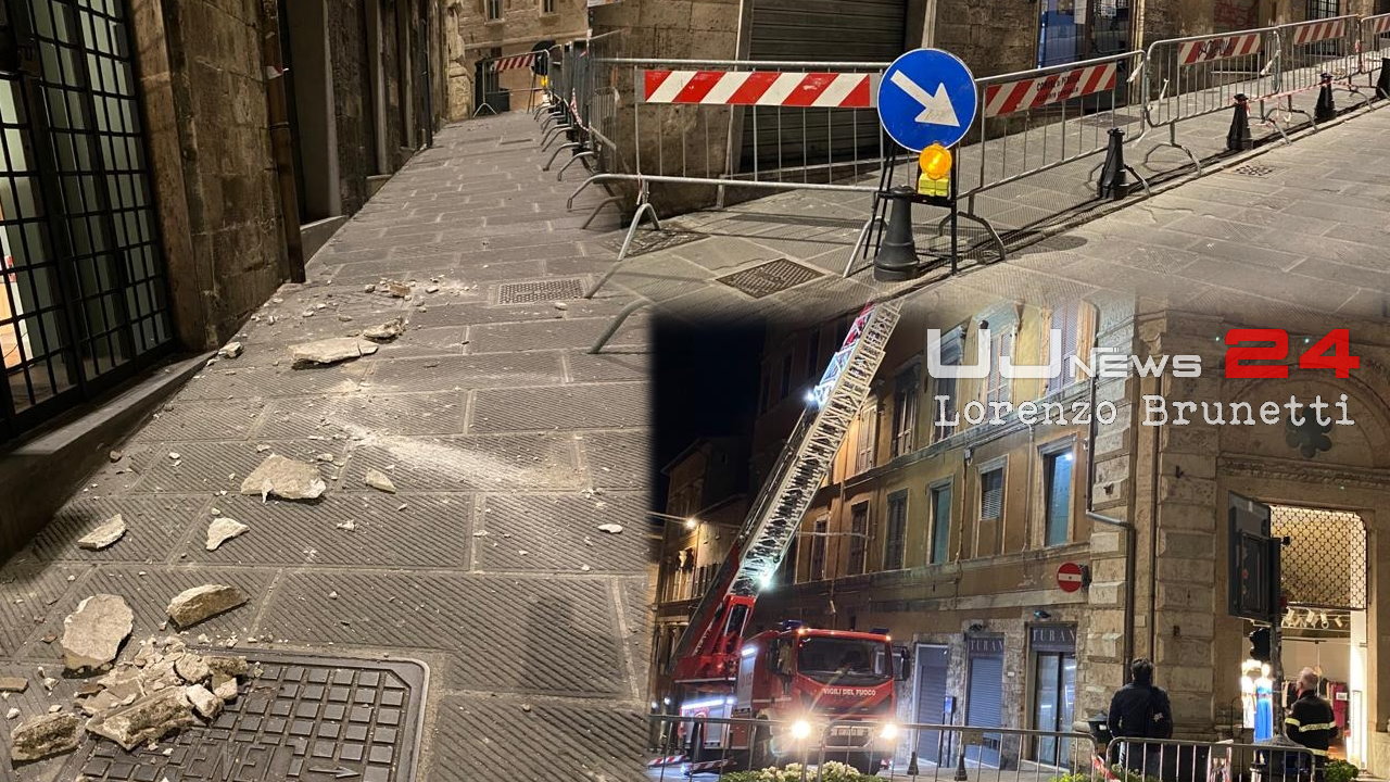 Crolla cornicione in via Calderini, centro storico Perugia, foto e video