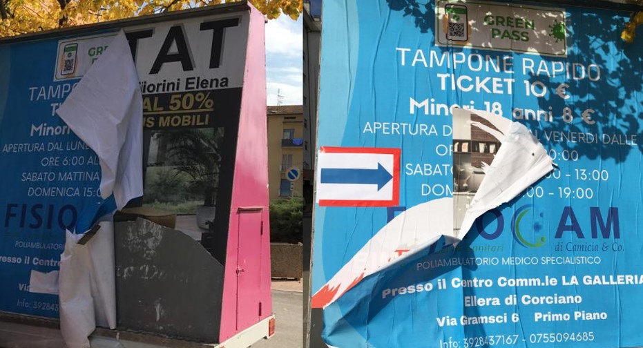 Tamponi a 10 euro per dare una mano in più, ma qualcuno strappa i manifesti