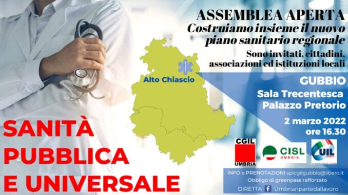 Sanità: il 2 marzo l'ultima assemblea di Cgil, Cisl e Uil a Gubbio. Giovedì prevista la conferenza stampa a PerugiaSanità: il 2 marzo l'ultima assemblea di Cgil, Cisl e Uil a Gubbio. Giovedì prevista la conferenza stampa a Perugia