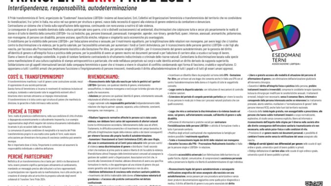Transfem Terni Pride 2024 in arrivo nella città di Terni