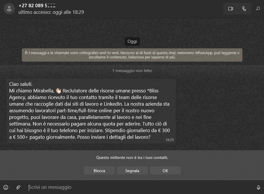 Allerta Truffe, offerte di lavoro online troppo allettanti su WhatsApp