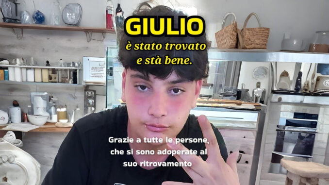 Ritrovato Giulio Giovagnoli, il minore era scomparso il 10 giugno