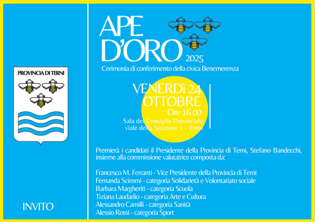 Provincia di Terni premia le eccellenze con Ape d’Oro 2025
