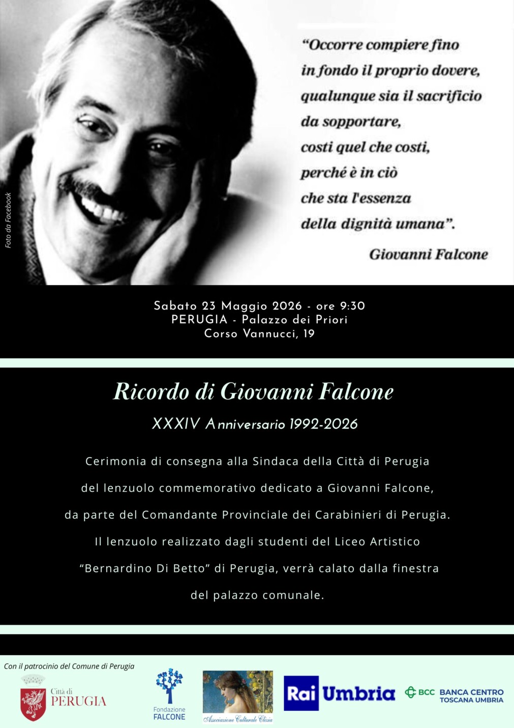 Perugia commemora Giovanni Falcone a 34 anni dalla strage
