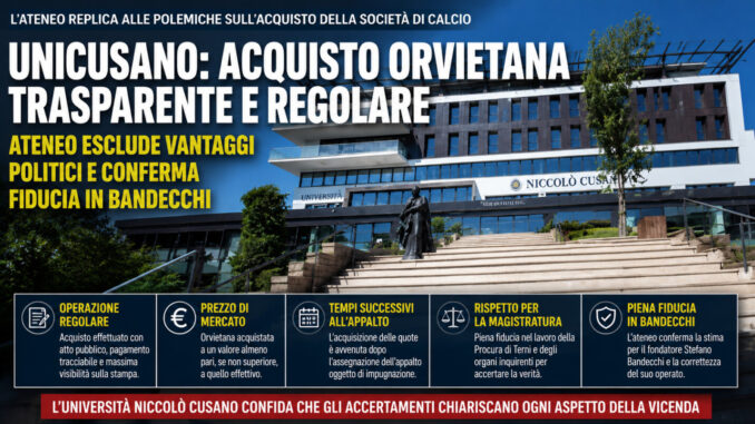 UniCusano difende acquisto Orvietana: massima trasparenza piena